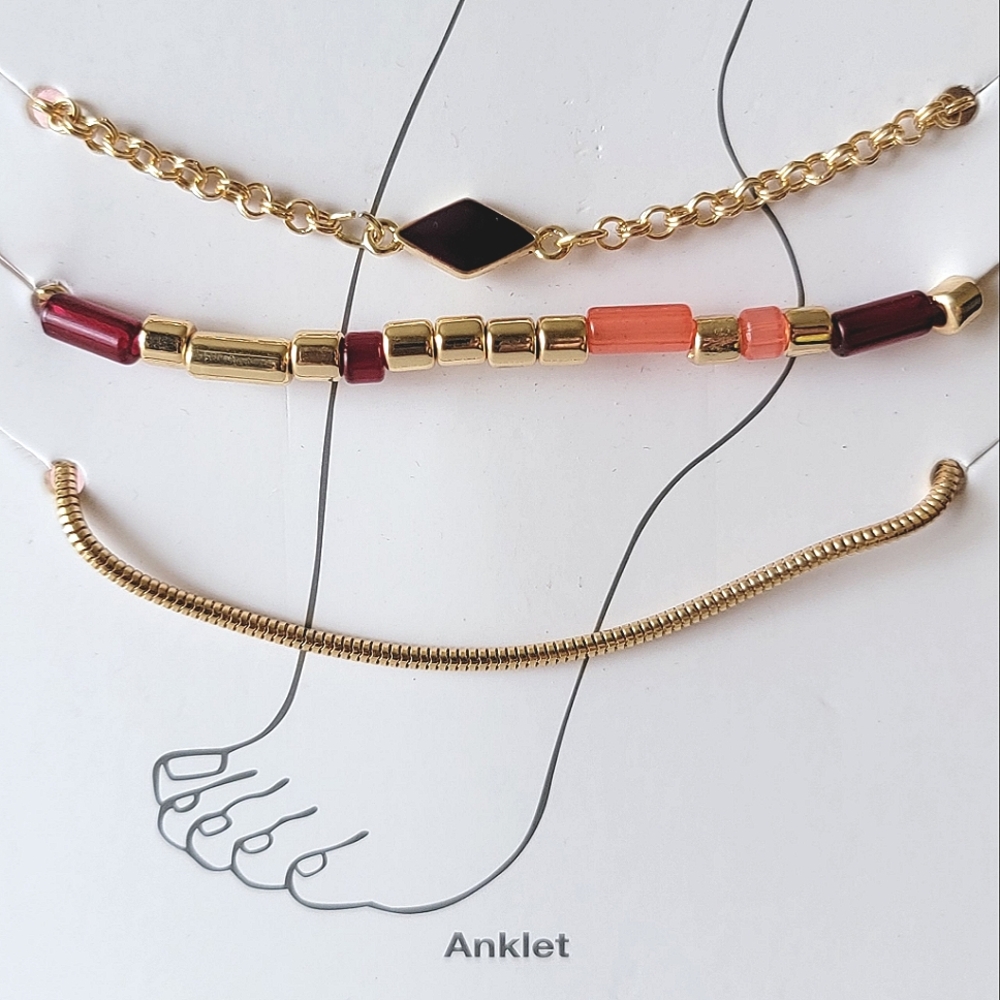 Three Ankle Bracelets Gold Tone Beaded Anklet